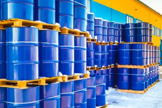 Plastic,Containers,Palletized,Near,The,Stock.,Barrels,For,Toxic,Substances.